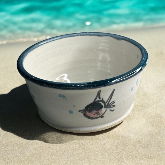 1991 Mississippi Mud Pottery Trinket Dish Cat Bowl Handcrafted Fish & Bubbles - Picture 3 of 8